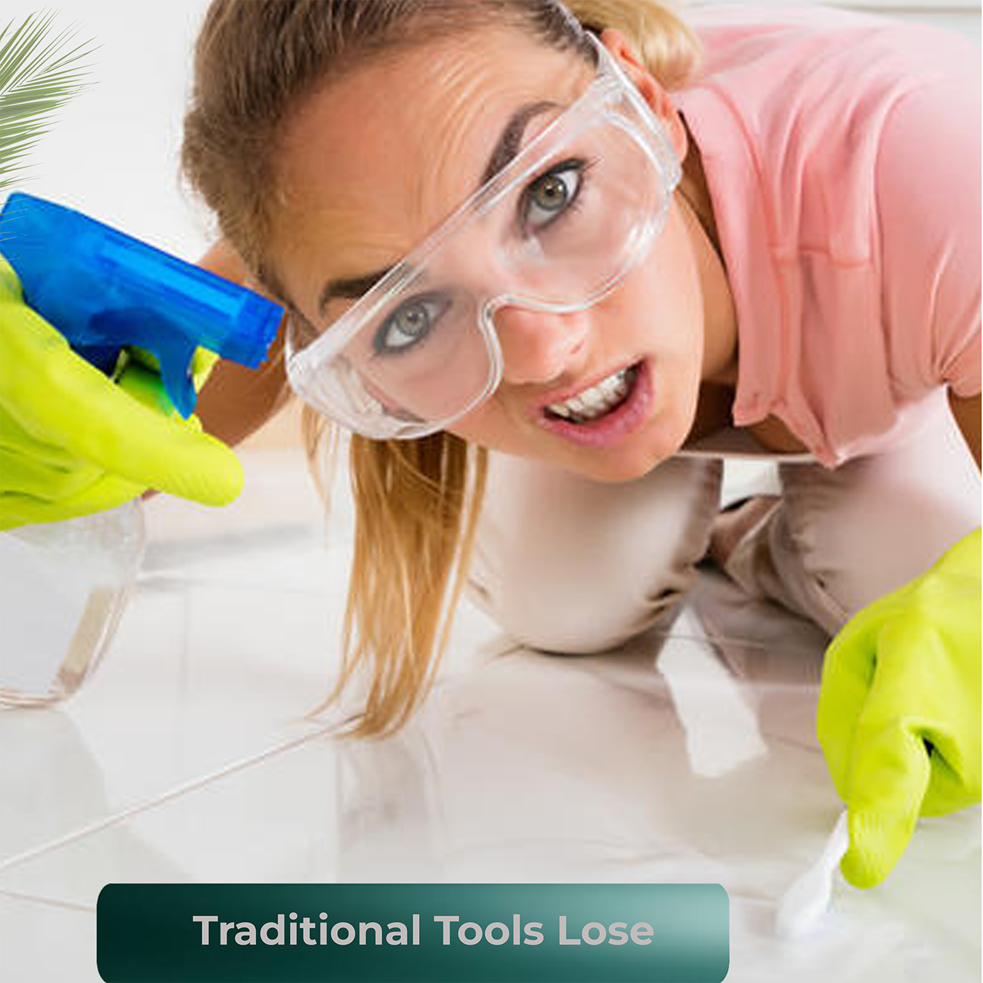 "Woman using advanced cleaning spray and gloves to clean floor tiles, demonstrating efficiency over traditional cleaning tools"