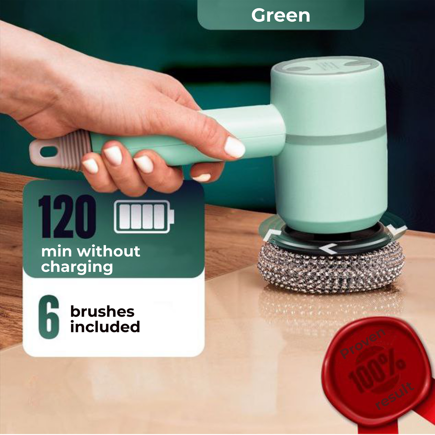 "Hand holding a green cleaning device offering 120 minutes of use without charging, with six brushes included, on a sparkling clean surface"