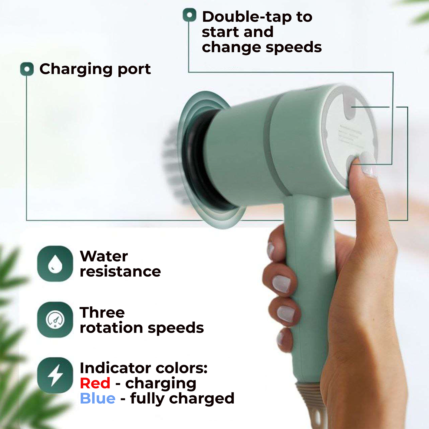 "Close-up of the SpotLess scrubber showing advanced features like water resistance, multiple speed options, and LED charging indicators"