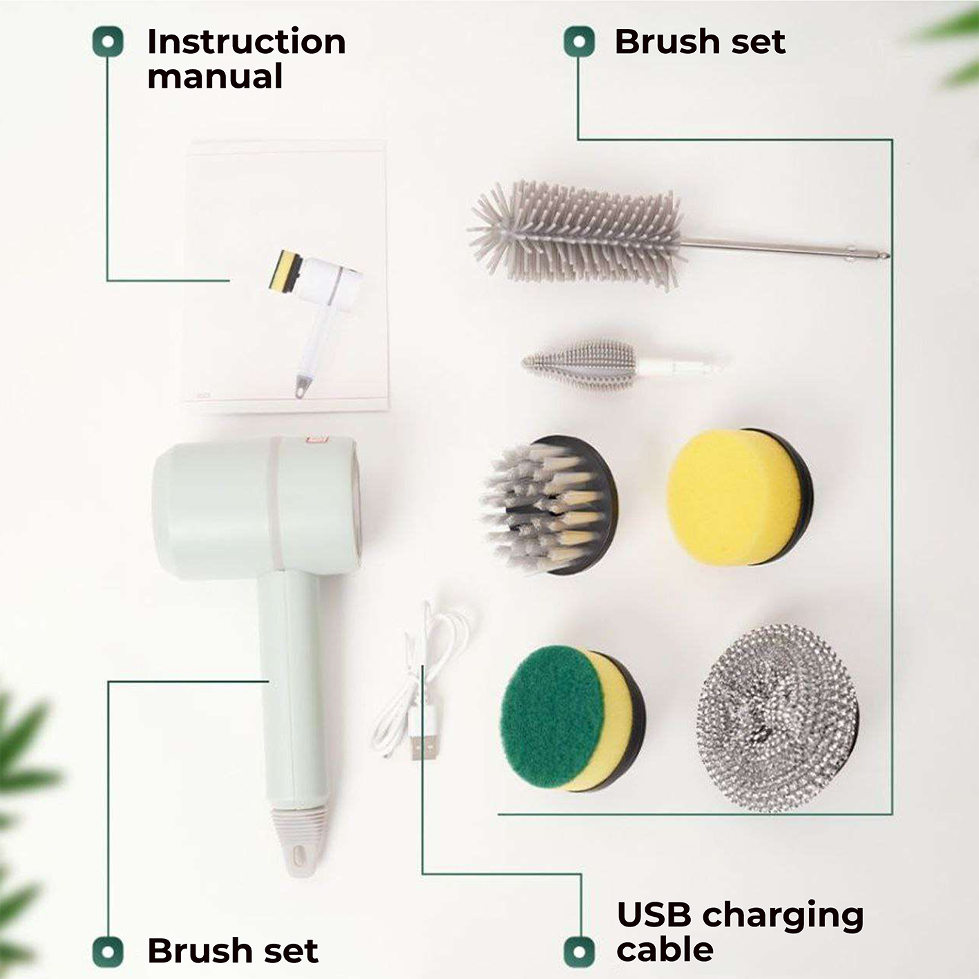 "Detailed display of the SpotLess scrubber essential cleaning kit including multiple brush types, scouring pads, USB cable, and an instruction manual, ideal for comprehensive home cleaning"