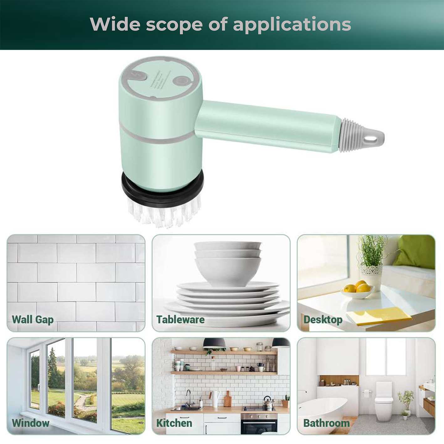 "SpotLess scrubber shown with its range of applications for cleaning wall gaps, tableware, desktops, windows, kitchens, and bathrooms, illustrating versatility"
