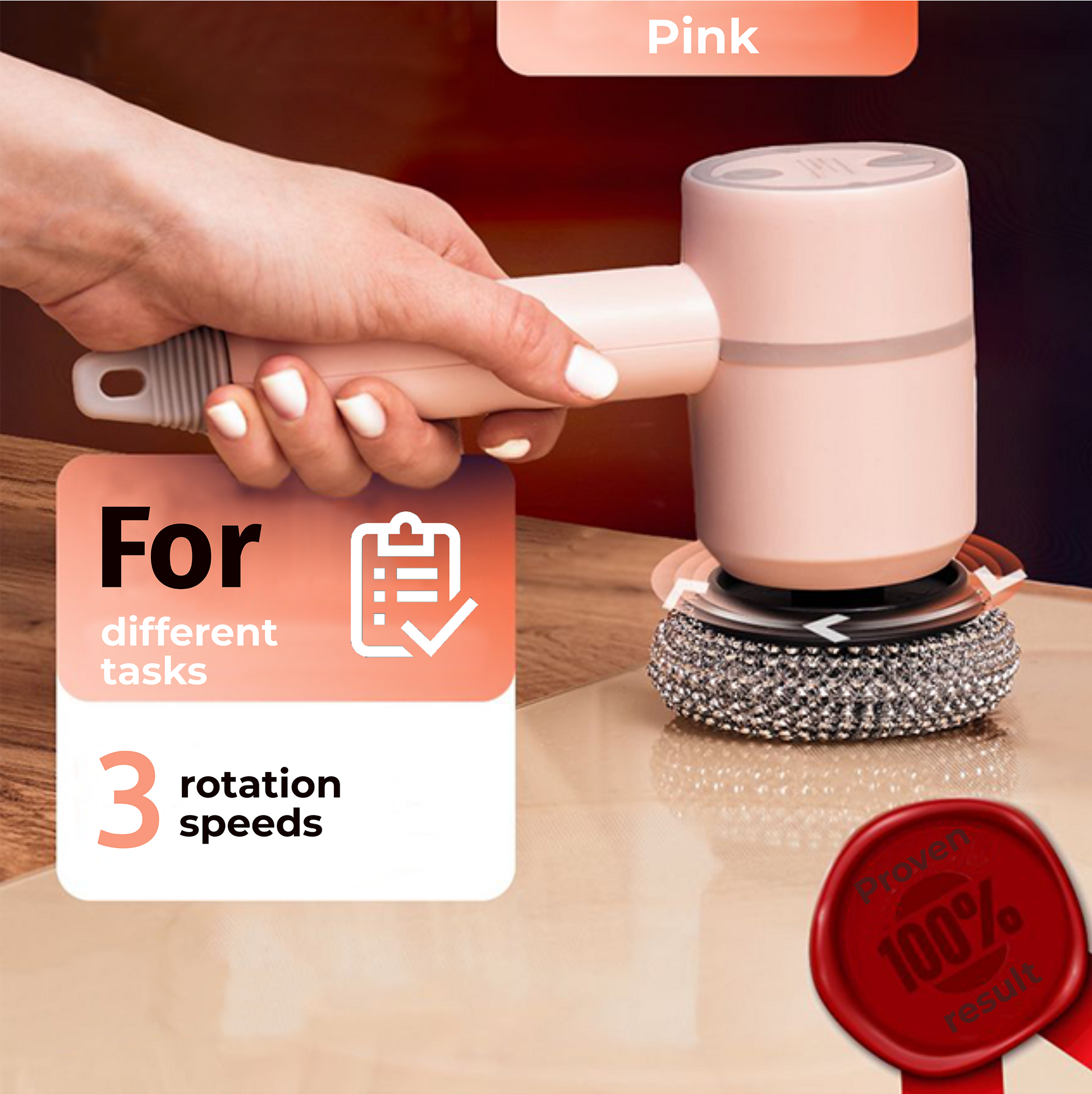 "User adjusting the pink SpotLess scrubber to one of three rotation speeds, designed for various cleaning tasks, showcasing flexibility and effectiveness"