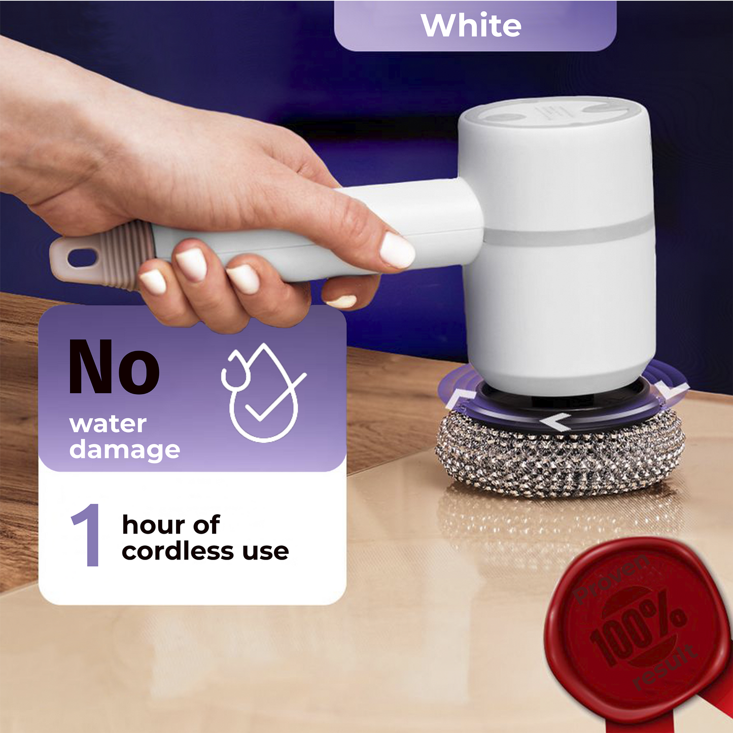 "White SpotLess scrubber showcased with water-resistant features and one hour of cordless operation, ideal for effective, sustained cleaning"